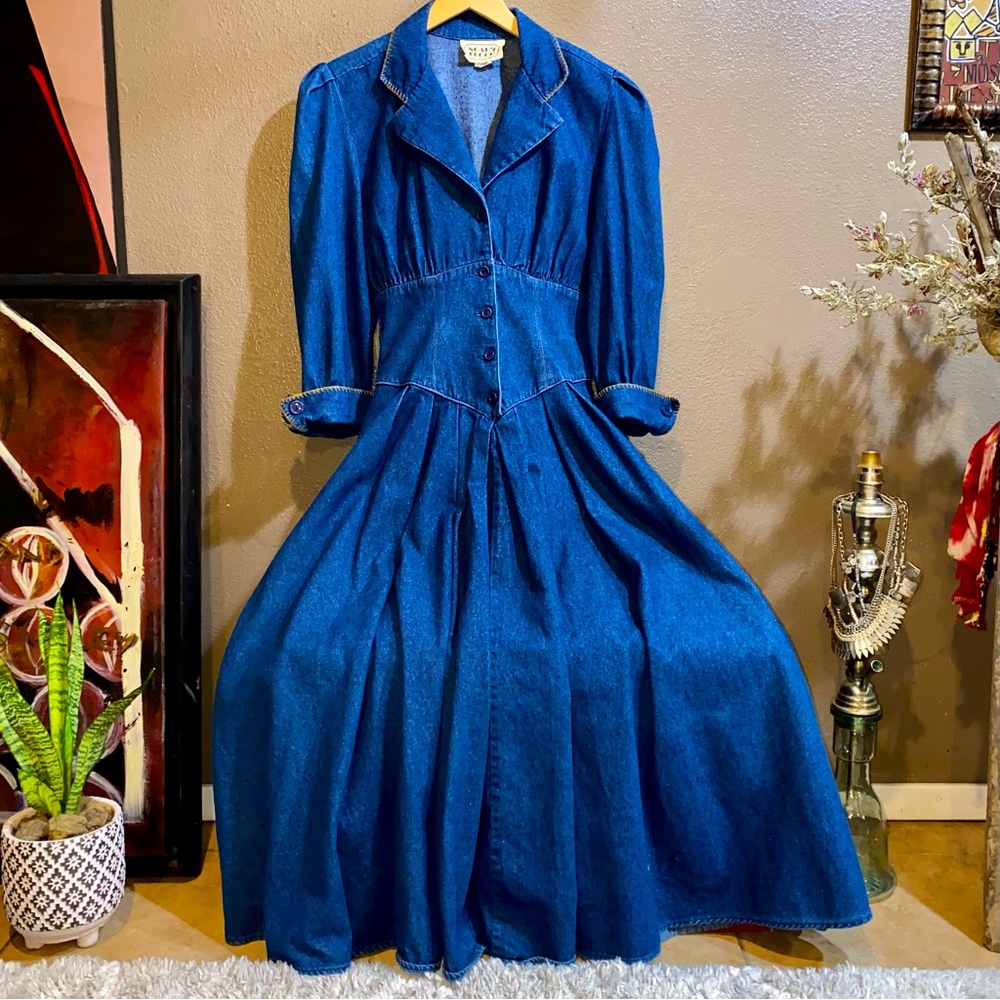 True Vintage 80s 1980s Cottagecore Prairie Denim Blue Jean Button Up Maxi Dress